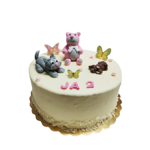 Tort dla dzieci wzór Td67 | miś, kot, pies i motylki na białej czekoladzie