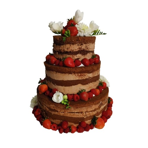 Tort weselny piętrowy wzór Ncr01 | Naked Cake z owocami i żywymi kwiatami