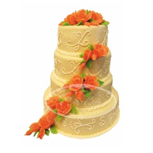 Tort weselny piętrowy ecru wzór Tp08 | róże pomarańczowe, malowane ornamenty 