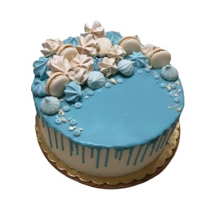 Tort Baby Shower wzór Bsh05 | Drip Cake niebieski, makaroniki i bezy